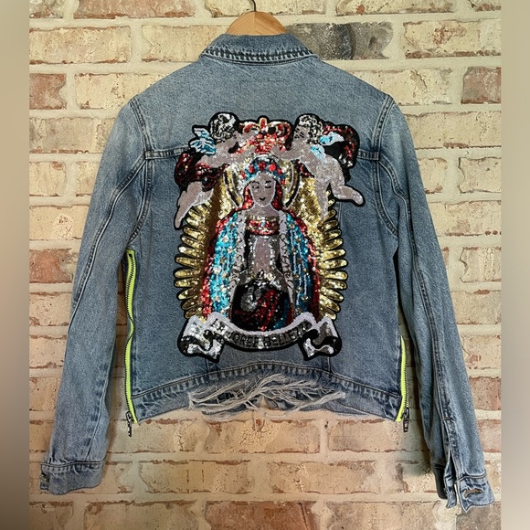 BLANK NYC Custom Sequin Madonna Fashion Large Appliqué Patch Denim Jacket Size M - Picture 1 of 13